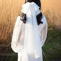 v836 elegant wedding bridal veil tulle cut edge pearls beading big bow bride white veil women marriage accessories 88cm50cm
