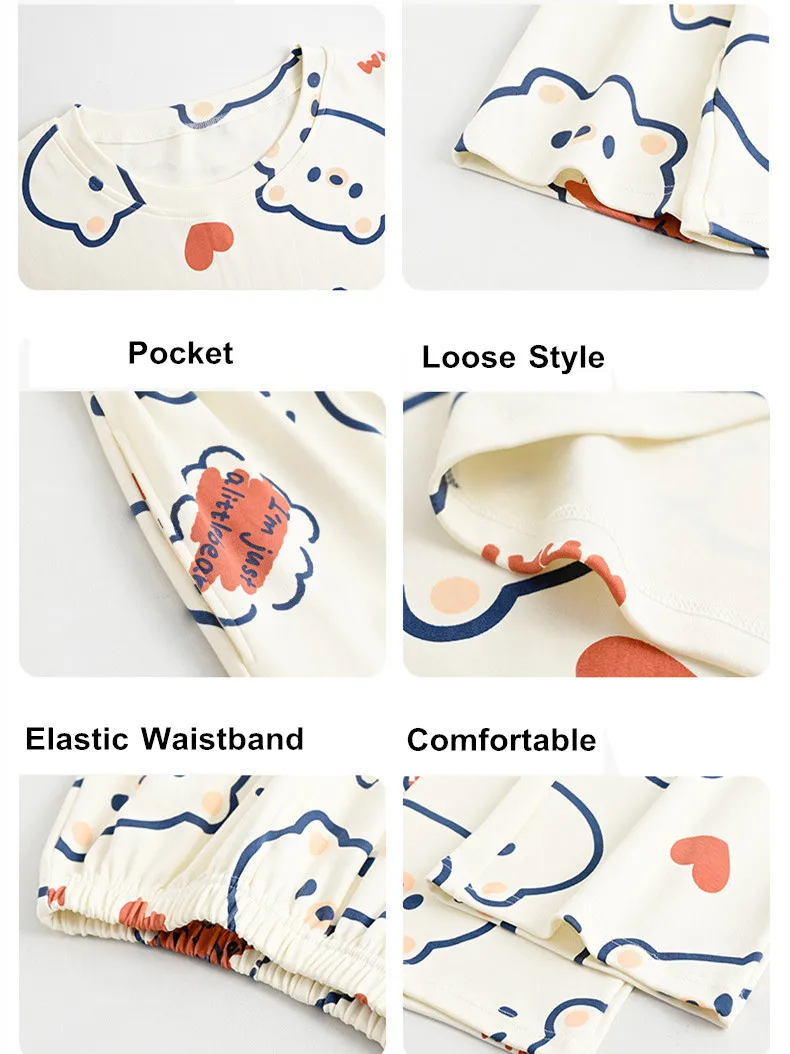 Yasuk Spring Autumn Fashion Women's Casual Lovely Print Cotton Pocket Sleepwear Homewear Cute Pajamas With Pants Bear Pullover