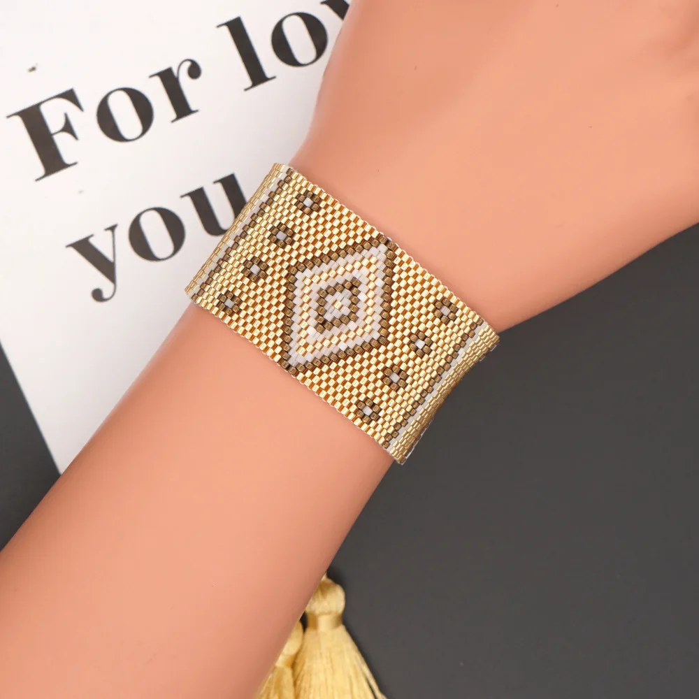 Personality Fashion Bohemian Pure Handmade Beaded Miyuki Rice Beads Geometric Devil's Eye Wide Bracelet Women