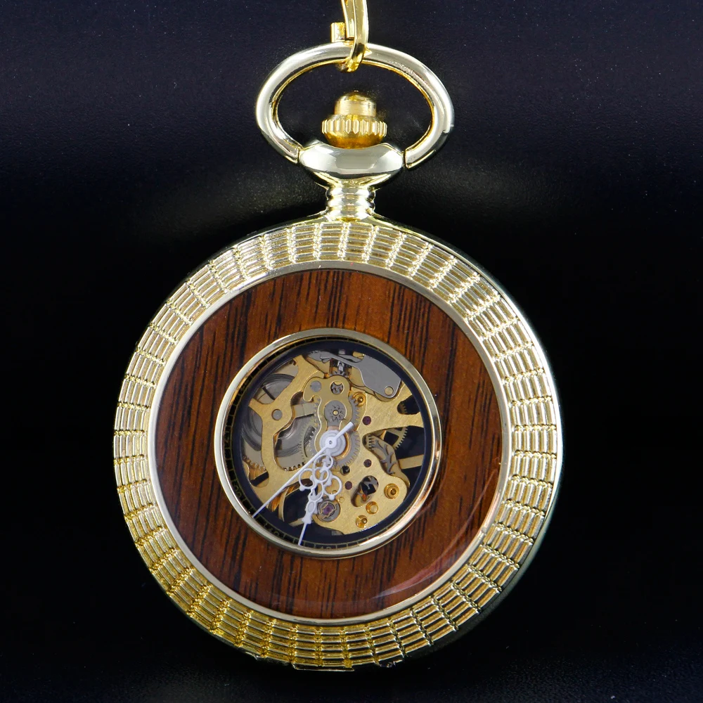 Golden Luxury Wood Transparent Movement Mechanical Pocket Watch Vintage Gentleman Analog Signal Clock Women's Jewelry Gift