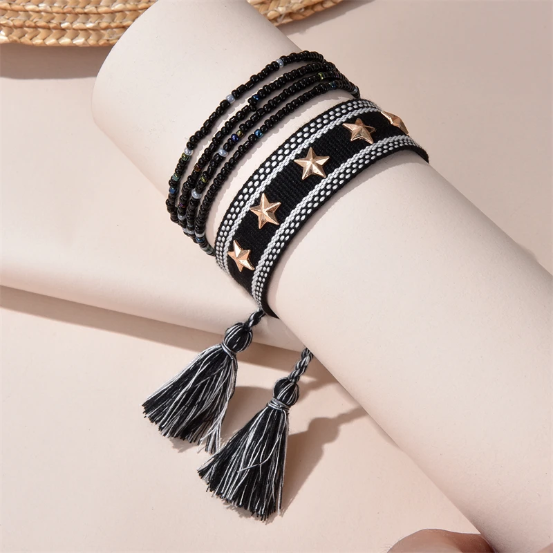 

Vintage Rope Braided Adjustable Bracelets for Women Men Handmade Beaded Bracelets Friendship Star Rivet Tassel Jewelry