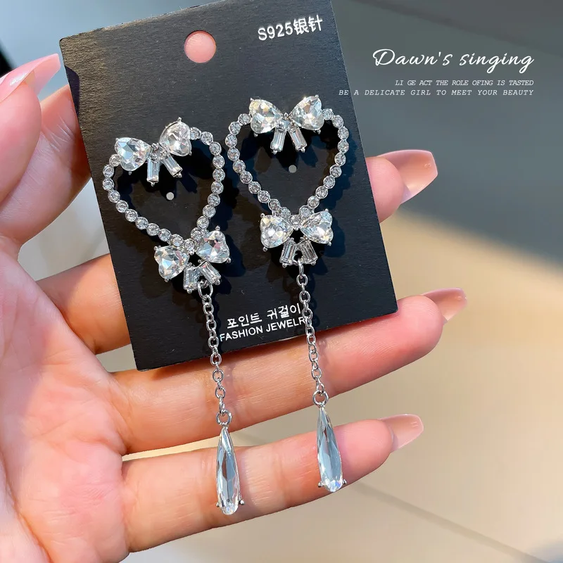 

Korean Style Fashion Jewelry Silver Needle Simple Long Love Heart Women Ear Studs Tassel Earrings