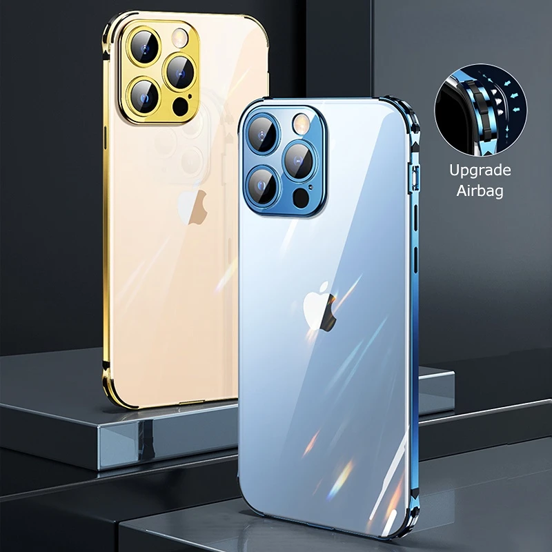 

Luxury Metal Frame Transparent Back Cover Phone Case for iPhone 12 Mini 11 12 13 Pro Max Metal Lens Protection Shockproof Cover