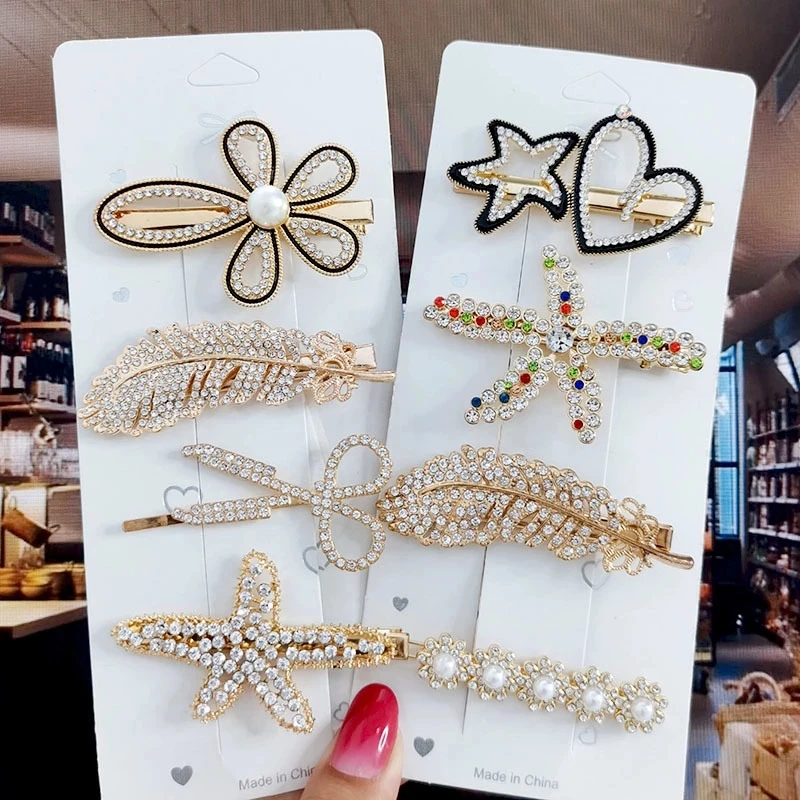 

Gold Silver Hair Clips Set Vintage Feather Starfish Crystal Pearls Hairpin For Women Fashion Headwear Hair Accessories 2022 New