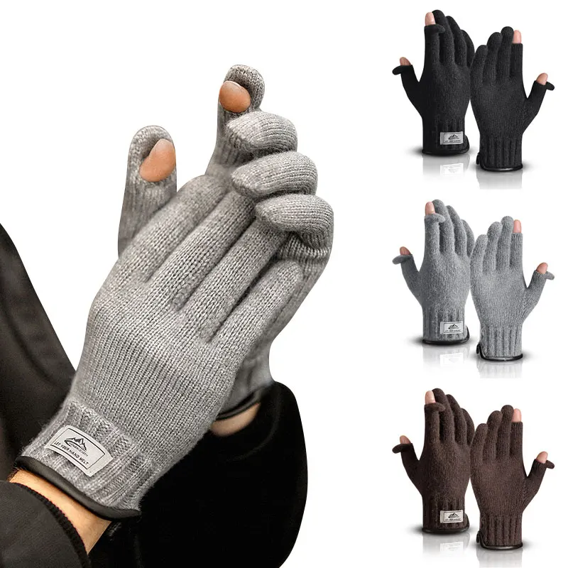 

1 Pair Winter Ridding Gloves Non-slip Knitted 2 Finger Flip Gloves Windproof Warm Men Cycling Climbing Racing Fishing Gloves