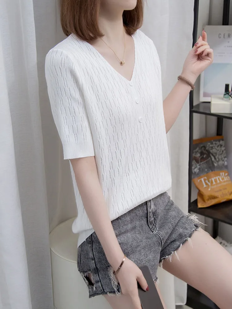 

Oversize V-neck Knitted T-shirts Female Summer Hollow Out Short Sleeve Ice Silk Large Tshirt Solid Color Button Tops