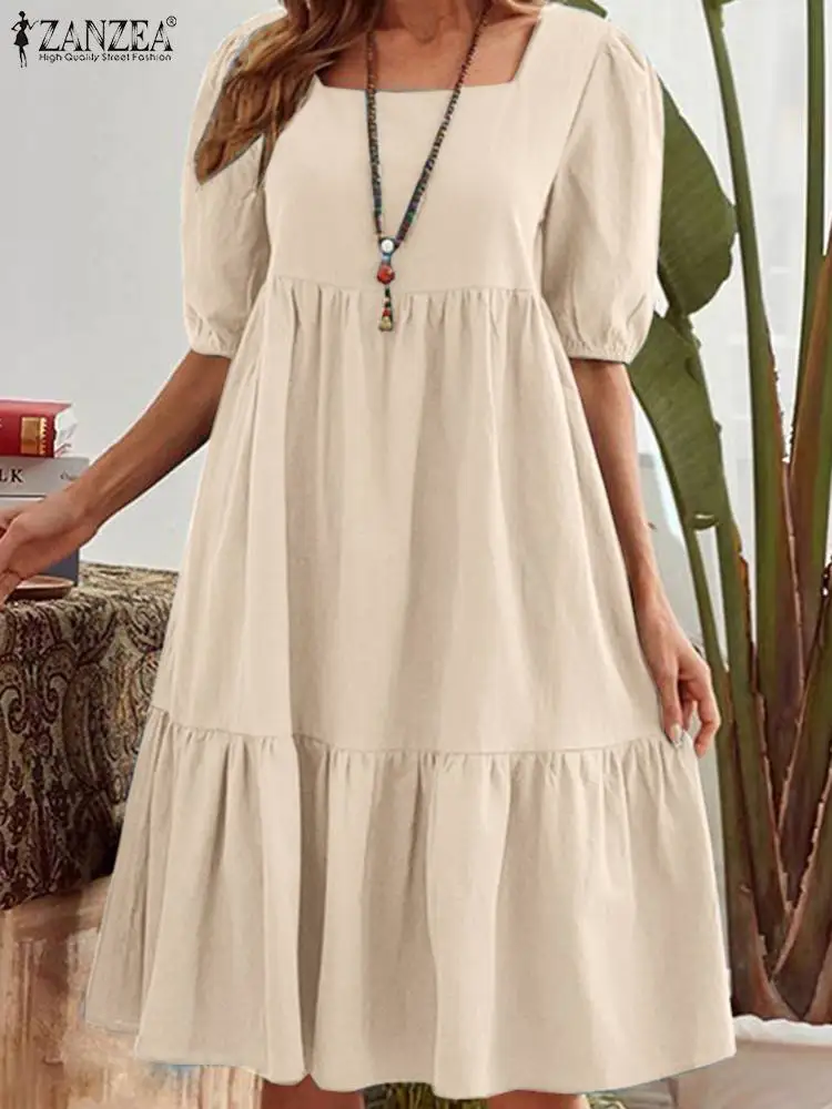 

Bohemian Women Sundress 2022 ZANZEA Summer Elegant Holiday Beach Midi Dress Casual Square Neck Short Sleeve Party Vestido Kaftan
