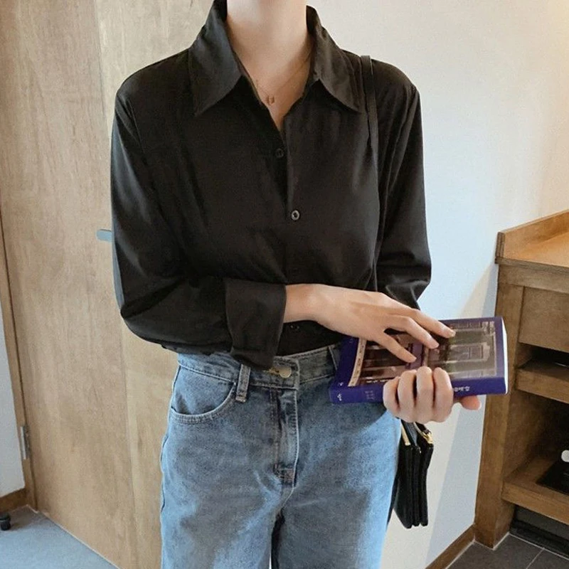 

Tops Soft Office Lady White Shirt for Women Blouse Turn-down Collar OL Black Shirt Woman Casual Chiffon Blouse Femme