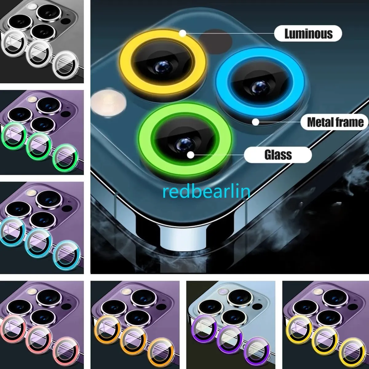 100pcs Luminous Camera Ring Protector Film For iPhone 14 13 12 Pro Max 11 Back Lens Tempered Glass Protective Cover