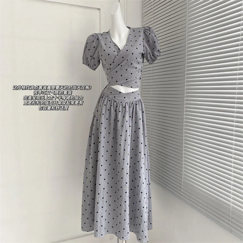 

Женский комплект из двух предметов с юбкой, элегантный летний комплект из укороченного топа с пышными рукавами и Юбки миди трапециевидной формы, корейское модное платье в стиле Хепберн