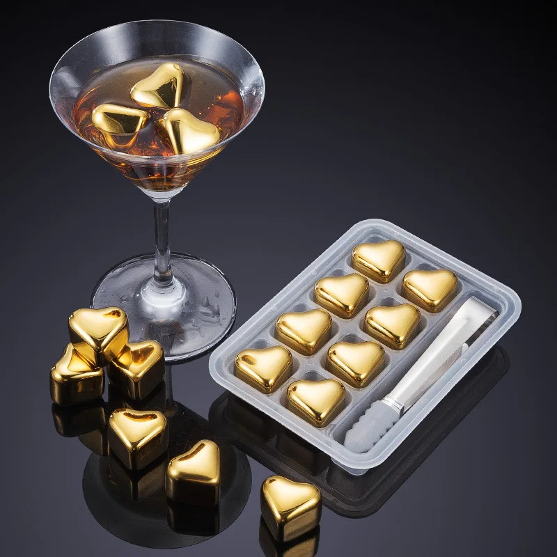 

Stainless Steel Gold Heart Reusable Chilling Ice Cubes Stones Beer Red Wine Coolers Vodka Whiskey Rock Party Bar Accessory Tool