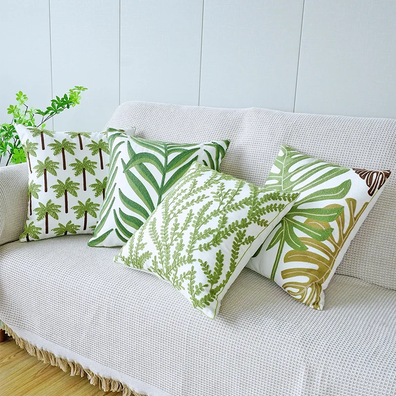 

Green Leaves Cushion Cover Embroidered Cotton 45x45cm Home Decoration Pillow Case Sunflower Living Room Bedroom Sofa Couch