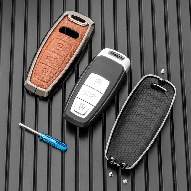 Key Case Cover For Audi A3 A4 A5 A7 A6 C8 Q8 Q7 Q5 Q4 Q3  E-tron Remote Fob Holder Shell Keychain Leather Metal Car Accessories images - 6