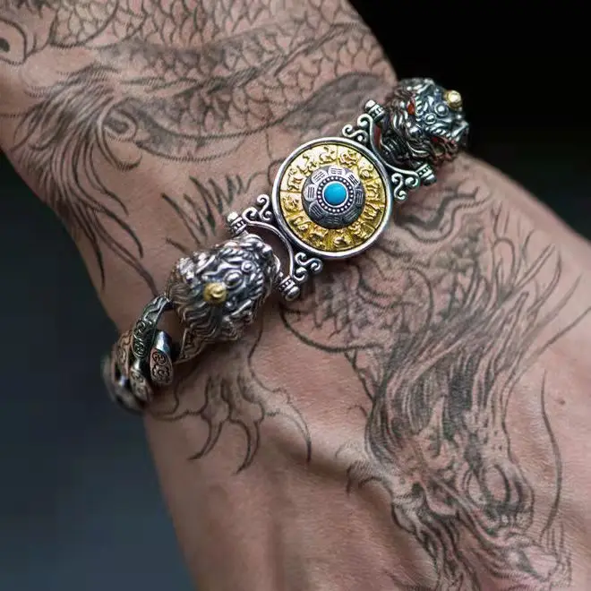 

Vintage Two Tone Pi Xiu Bracelet Jiugong Wheel Bracelet Bangle for Men Domineering Animal Bracelet Retro Jewelry Accessories