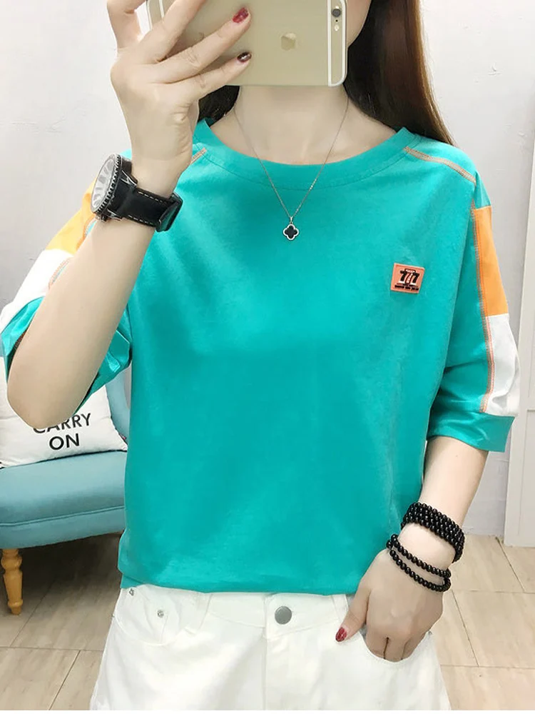 

GGRIGHTFashion Contrast Details Cotton Tshirts Half Sleeve Casual Loose T Shirt Femme Camiseta Mujer Women Summer Tops 2022