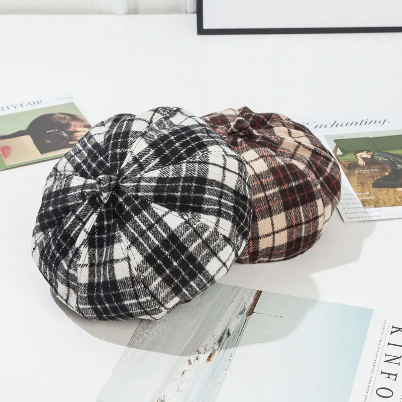 

2022 Fashion Vintage Plaid Beret Warm for Girls Women Octagonal Cap Winter Autumn Artist Barrette Hat Beret Hats for Women