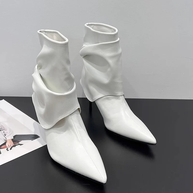 Сексуальные ботильоны на высоком каблуке с острым носком кожаные плиссированные