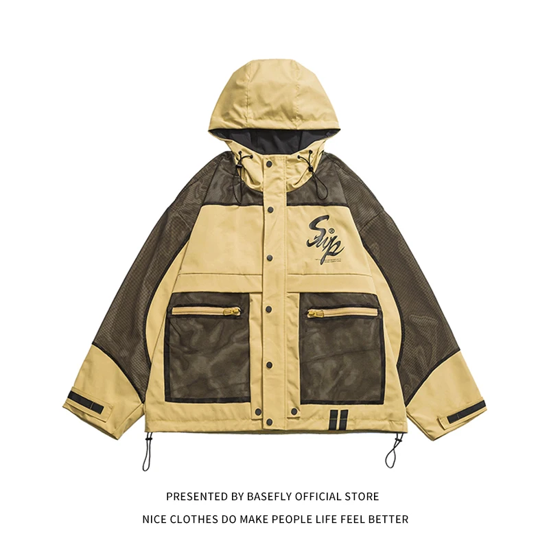 

New Arrival Autumn Spring Patchwork Pockets Men Oversize Windbreaker Hoodied Jacket Unisex Women Retro Vintage Coat Coach Chic