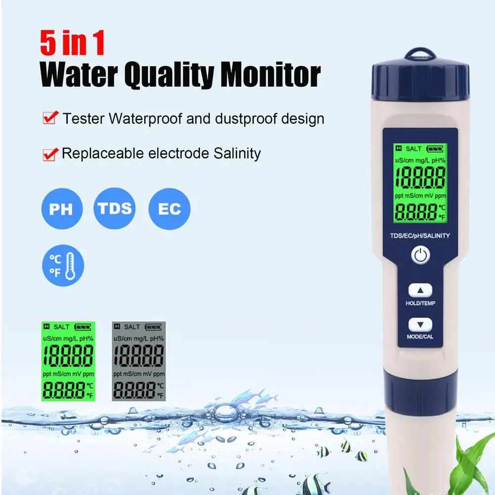 

New EZ-9909 5 In 1 Multi-functional Water Quality Monitor Tester TDS/EC/PH/Salinity/Temperature Meter Test Pen