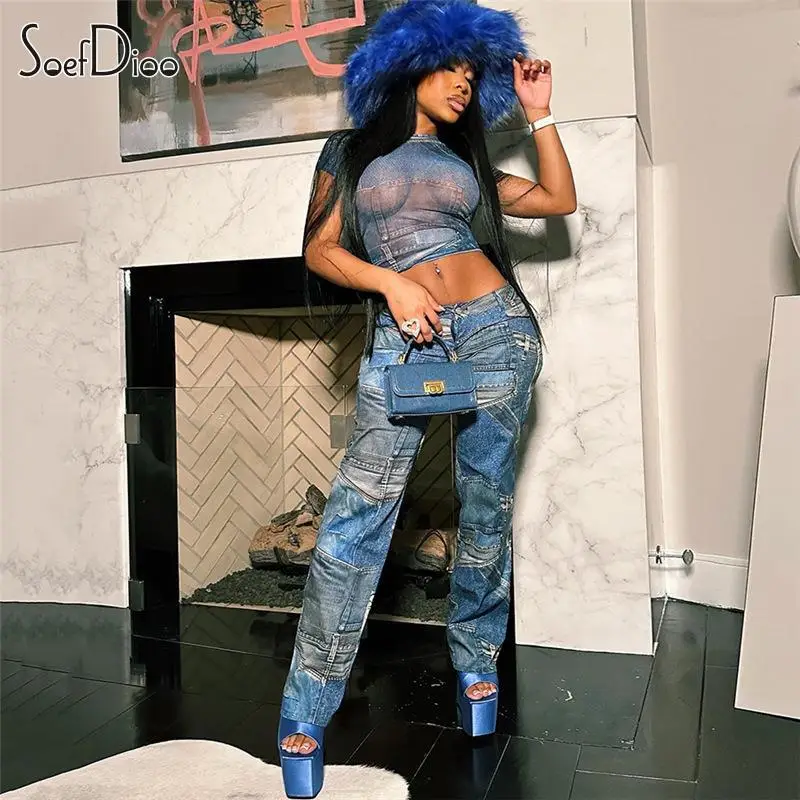 

Комплект из двух предметов Soefdioo Женский, пикантный укороченный топ с коротким рукавом и прямые брюки с принтом эстетика, уличная одежда, лето 2023