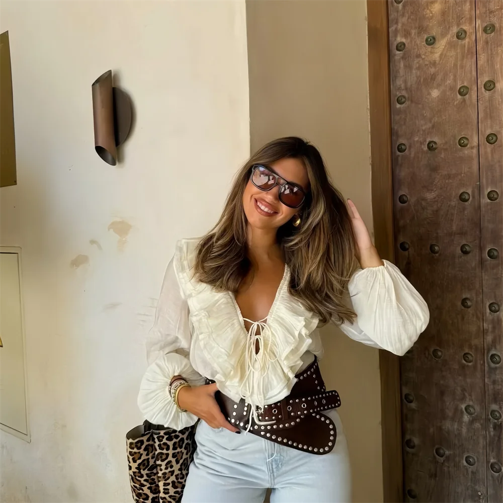 Осенняя Женская Повседневная Многослойная Блузка С V-образным Вырезом И Длинным