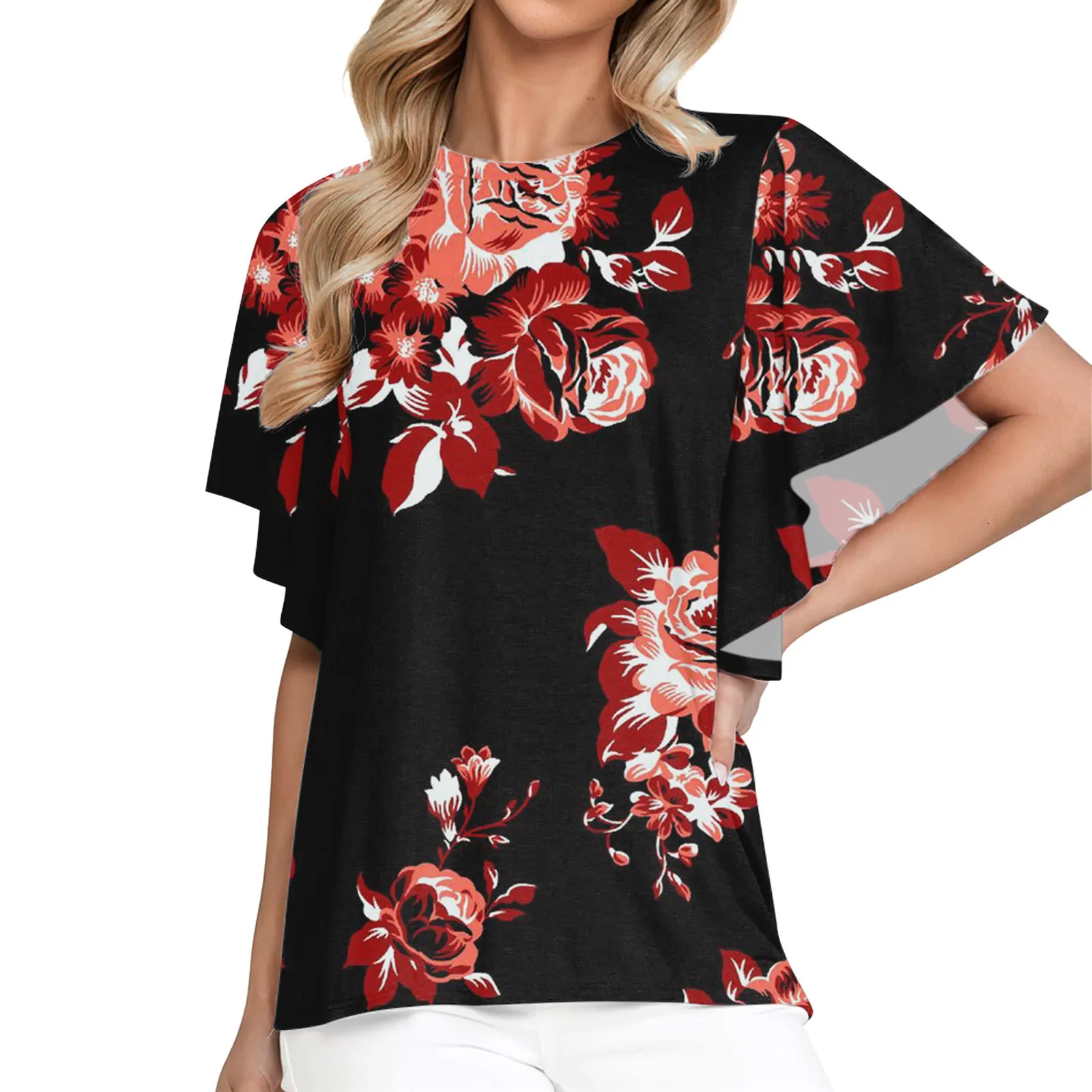 

Женская Повседневная Туника с коротким рукавом, блузка с оборками и цветочным принтом в уличном стиле, лето 2022