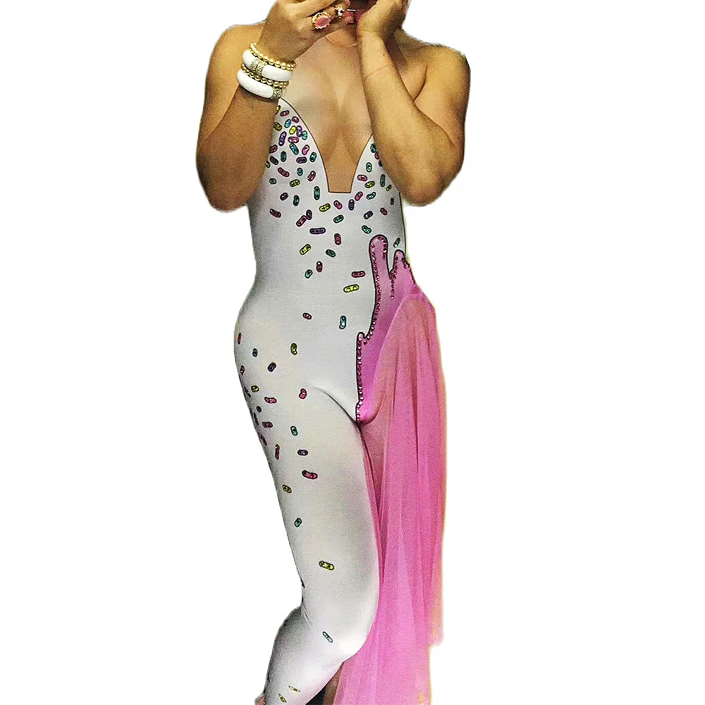 

Fashion Multicolor Net Yarn Women Jumpsuits Sleeveless Nightclub DJ Singer Dancing Costumes Evening Prom Party Diamond Bodysuits
