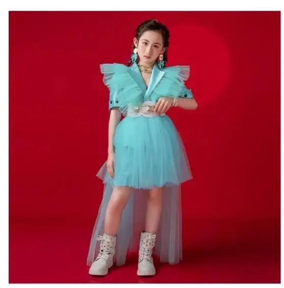 Детская подиумная одежда Kpop для девочек мятно-зеленое летающее сетчатое пальто с