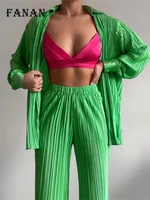 green two piece set women elegant pleated shirt loose high waist pants suit 2022 casual office ladies outfits summer tracksuits