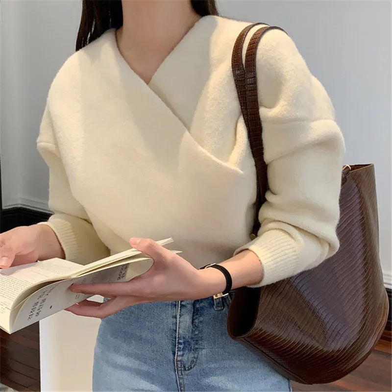 

Korean V Neck Cross Off Shoulder Long Sleeve Knitted Pullover Top 2022 Spring Apricot Blue Pink Short Knitwear Ladies Pull Femme