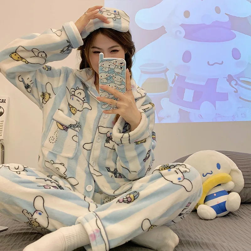 

Kawaii Sanrio Cartoon Pajamas Flannel Winter Long Sleeve Cute Kuromi Cinnamoroll Home Clothes Christmas Birthday Creative Gifts