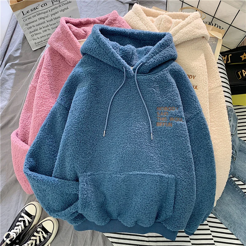 

Lambswool Hoodies Women Loose Thicken Warm Winter Hooded Outerwear Korean Style Students Daily Chic Tops Letter Embroidery Mujer
