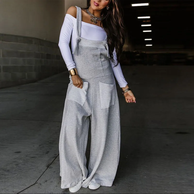 

Solid Color Pocket Wide Leg Loose Fitting Jumpsuit Casual Harajuku Women Strappy Romper Fashion Female Vintage Overalls Playsuit