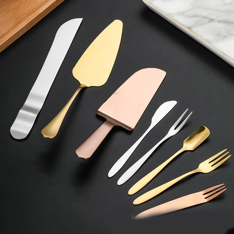 

[ 3 pcs ] Household Cake Knife Fruit Fork Cake Shovel Baking Gadget 304 Stainless Steel Moon Cake Knife and Fork Tools