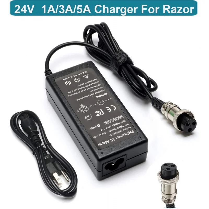 

24V 3A 5A Scooter Battery Charger Power for Razor E100 E200 E200S E175 E300 E300S E125 E150 E500 PR200 E225S E325S MX350 MX400