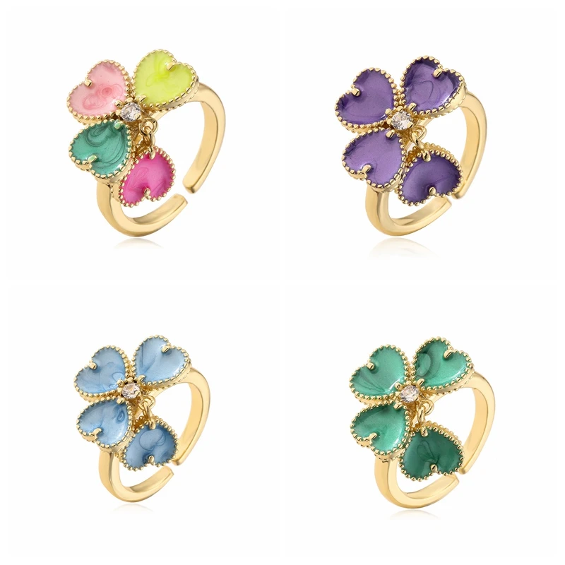 

Женское кольцо с эмалью и цирконом, регулируемое открытое позолоченное кольцо ярких цветов, летнее Ювелирное Украшение