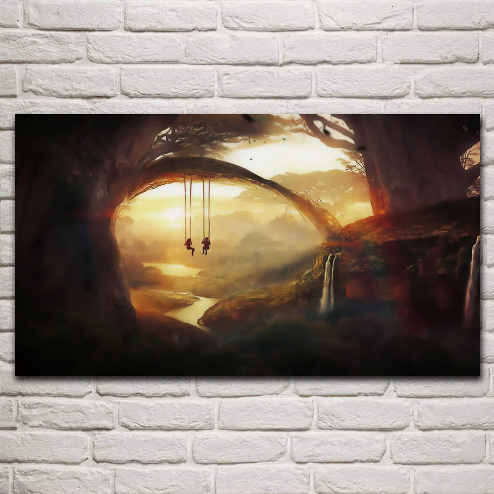 

Child Forest sunrise light Swing Waterfall fairy tale fabric posters on the wall picture home living room decoration art KR027
