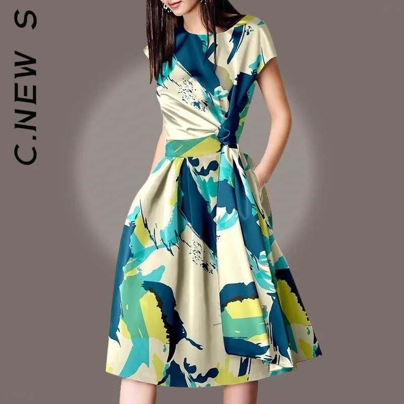 C.New S Women O Neck Slim Multicolor Floral Print Vintage Elegant Knee Lenght Casual Dresses Summer Runway French Short Sleeve