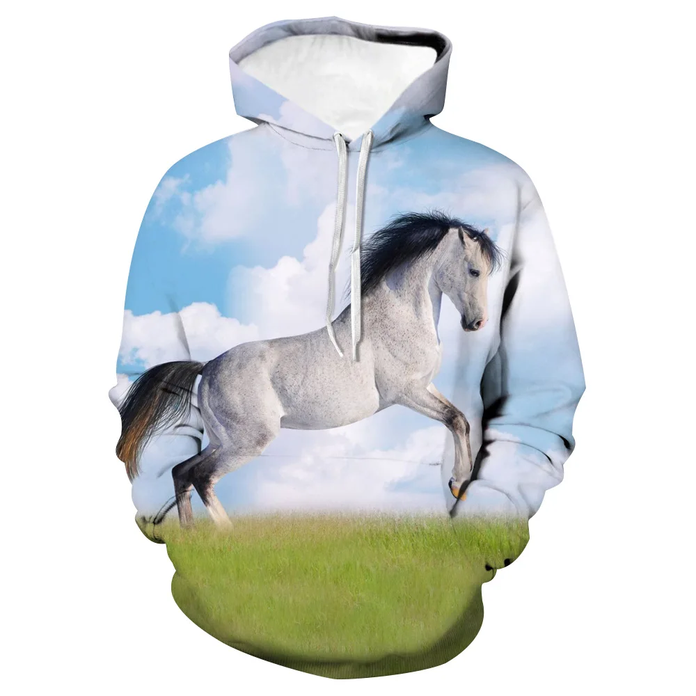 

Fall/Winter 3d Printing Animal White Horse Hoodie Sweatshirt Fashion Street Hooded Long Sleeve Coat