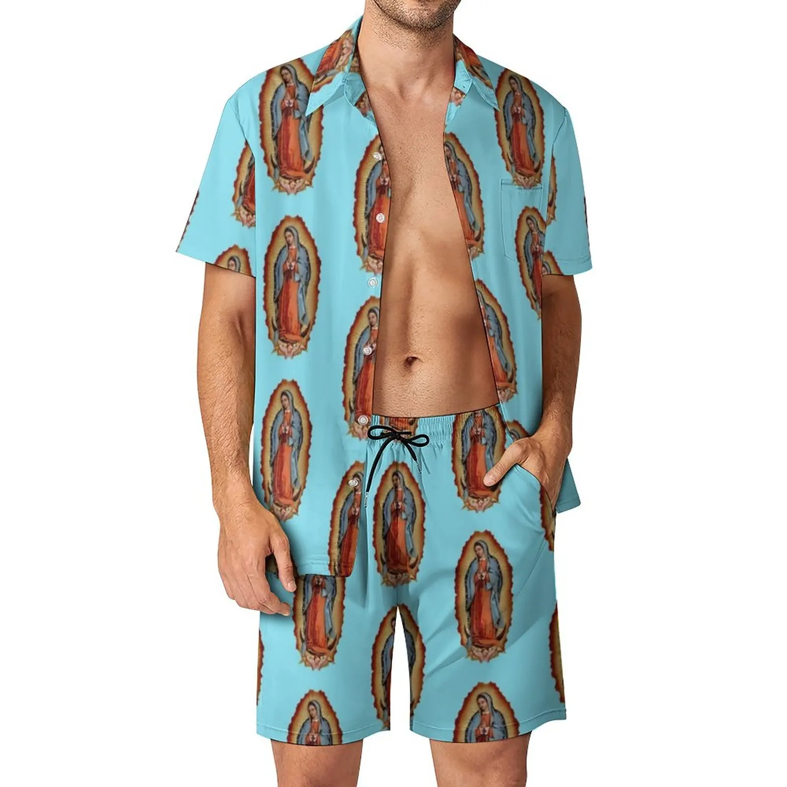 

Virgin Mary Maria Outdoor Men Sets Diego De Guadalupe Casual Shirt Set Summer Shorts 2 Piece Hawaii Suit Plus Size