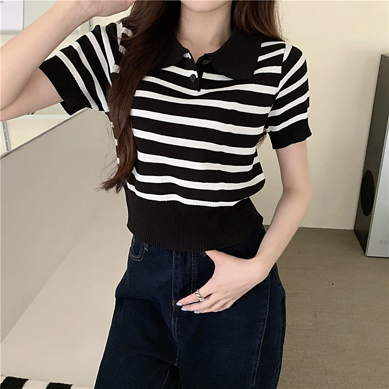 

Футболка женская в полоску, винтажный офисный топ с V-образным вырезом, Классическая укороченная мягкая модная дизайнерская уличная одежда ...