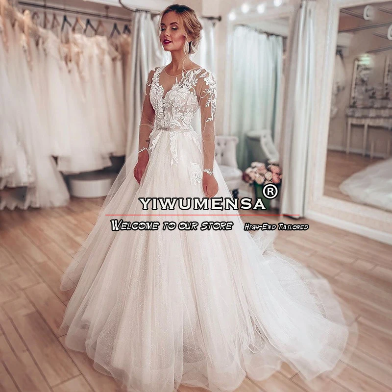 

Modern Wedding Dresses For Women Marriage Bride Puff Sleeves Ivory Appliques Skin Tulle O Neck A Line Bridal Gowns Tailored