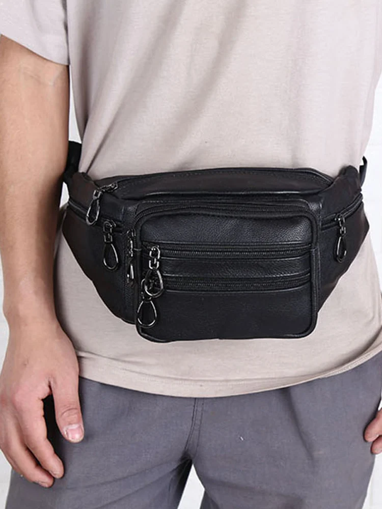 

Large Bag Pack Man Casual Leather Pocket Pack Bags 7 For Zipper Waist Panny Male's Genuine Solid Waist Capacity Chast