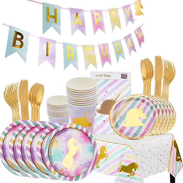

Unicorn Birthday Party Decoration Triangle Flag Knife Fork Spoon Paper Cup Paper Plate Tablecloth Birthday Party Supplies Set