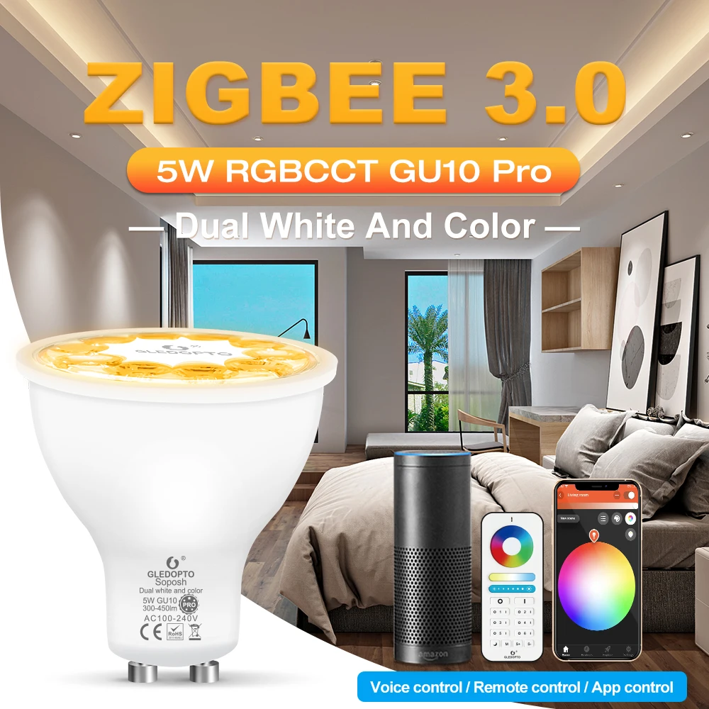 GLEDOPTO ZigBee 3.0 Pro Smart GU10 5W RGBCCT LED Intelligent Spotlight Work with Echo Alexa SmartThings Tuya App Voice Control