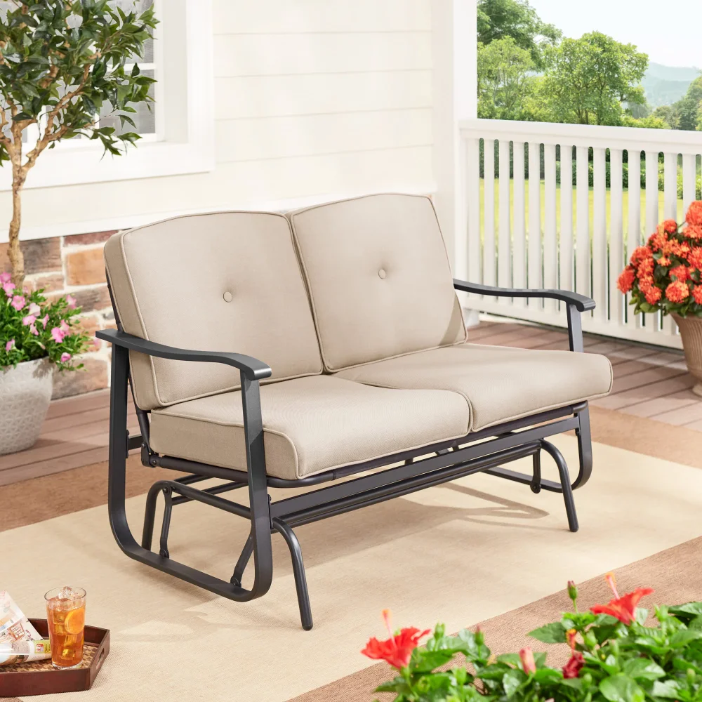 

Mainstays Belden Park Outdoor Furniture Patio 2-Person Glider Bench with Cushions, Beigereclining outdoor chair