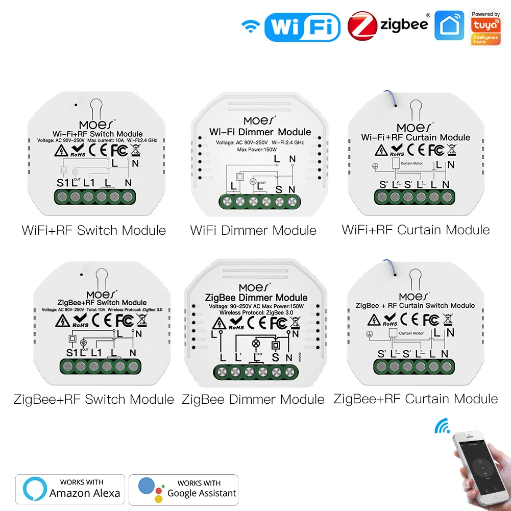 

Умный модуль переключателя ZigBee с Wi-Fi, диммер для занавесок, дистанционное управление с помощью приложения Smart Life, Alexa Google Home, Голосовое управл...