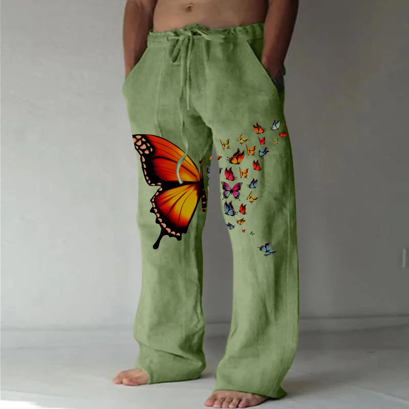 

Mens Fashion Casual Printed Linen Pocket Lace Up Pants Large Size Pants Cute