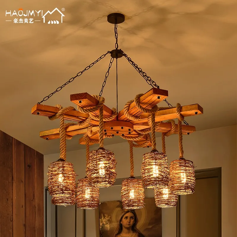

American Country Antique Personality Rattan Ceiling Lamp Creative Personality Club B & B Tea Room Tea House Wooden Art Hemp