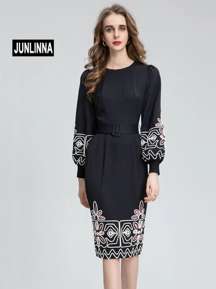 

JUNLINNA Embroidery Dress Autumn Winter Women O-Neck Long Flare Sleeve Black Colour Waist Belt Sliming Vestidos Party Vacation